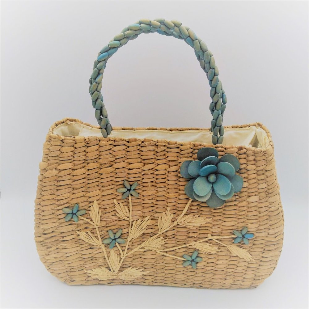 Nine West Straw Handbag Blue Flowers